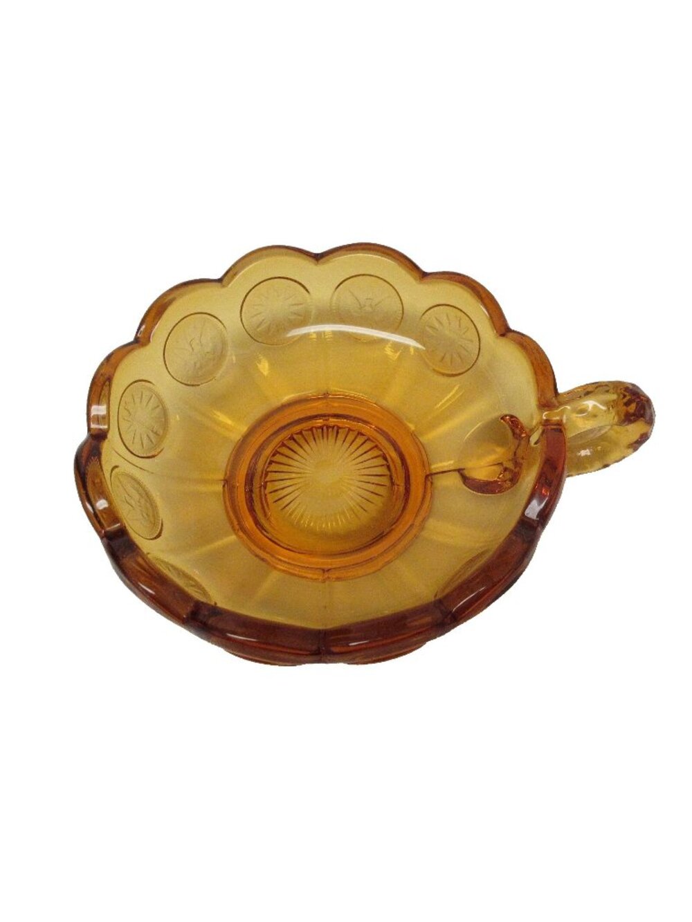Vintage Fostoria Amber Glass Coin Design Round Scalloped Nappy Dish With Handle